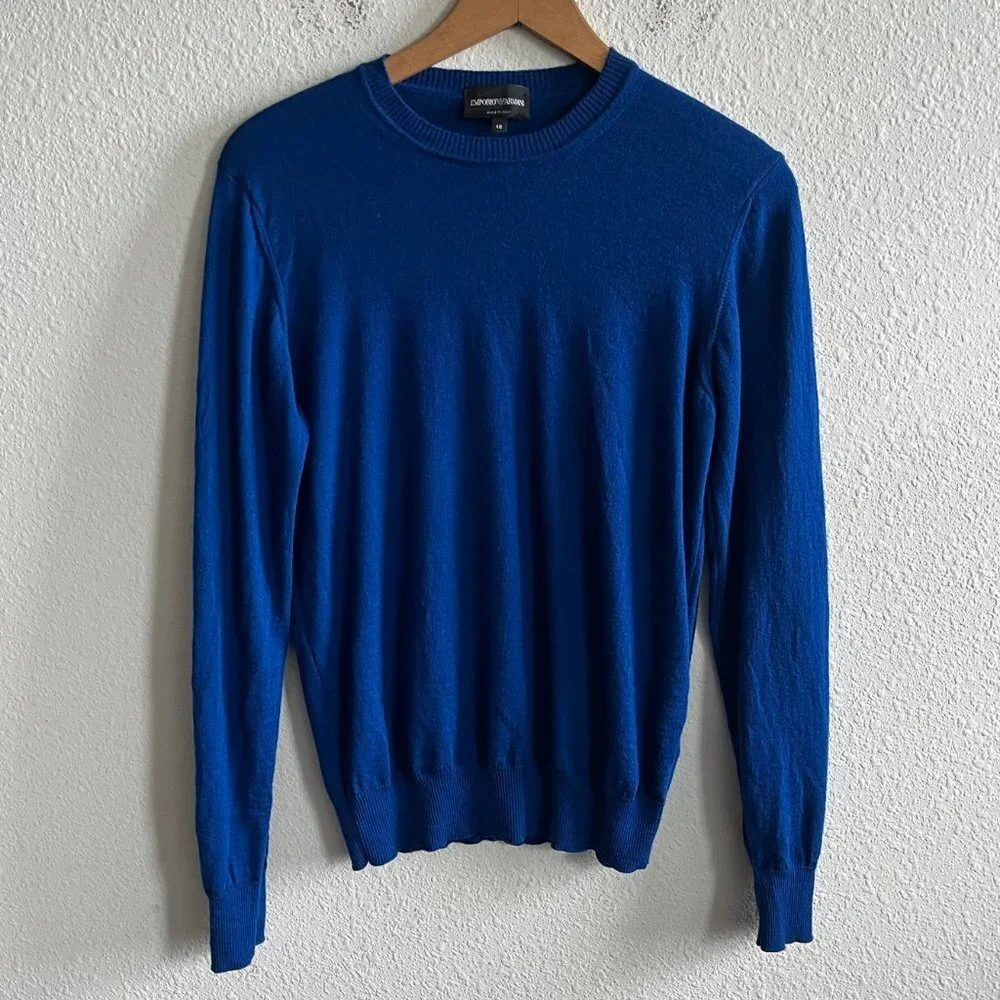 Emporio Armani Made in Italy Plain Knit Pure Virgin Wool Blue Sweater Size M